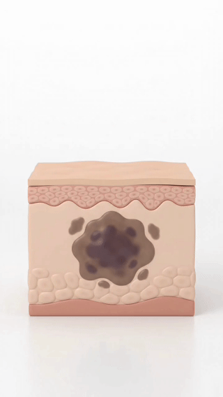 Cream sitting on top of the thickened skin barrier, unable to reach the buried pigment
